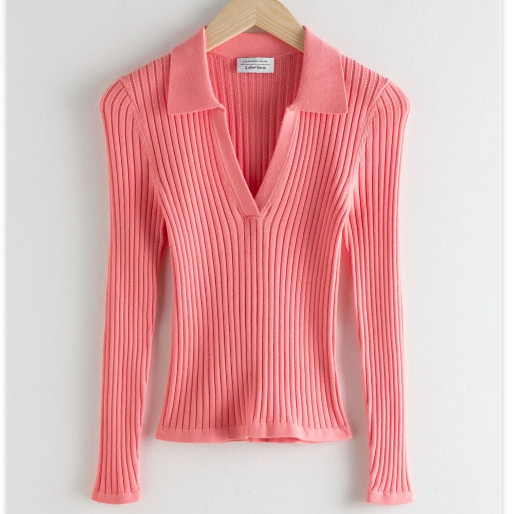 & Other Stories Pink Ribbed V-neck Polo knit Top